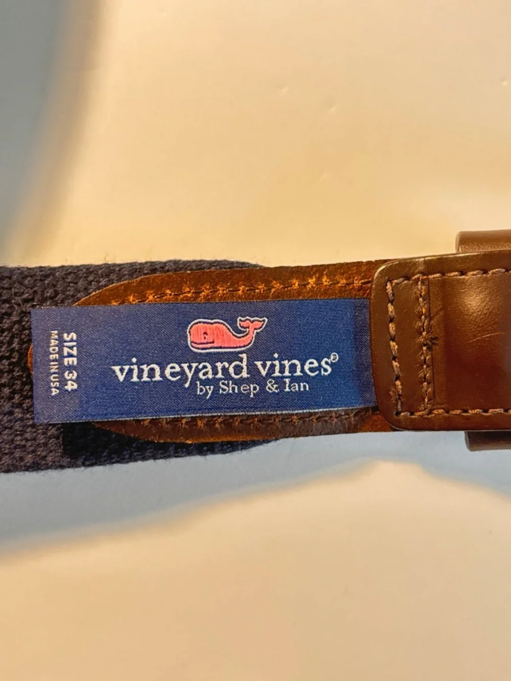 Vineyard Vines Blue Green Canvas Leather Belt Size 34 Whale Embroidered Preppy